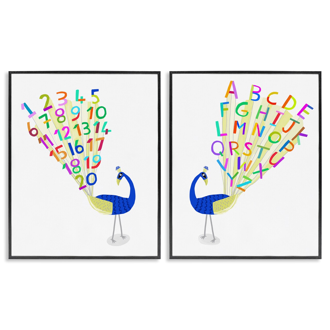 Stupell Industries Peacock Alphabet Numbers 2 pc Framed Giclee Wall Art Set Design by Carla Daly